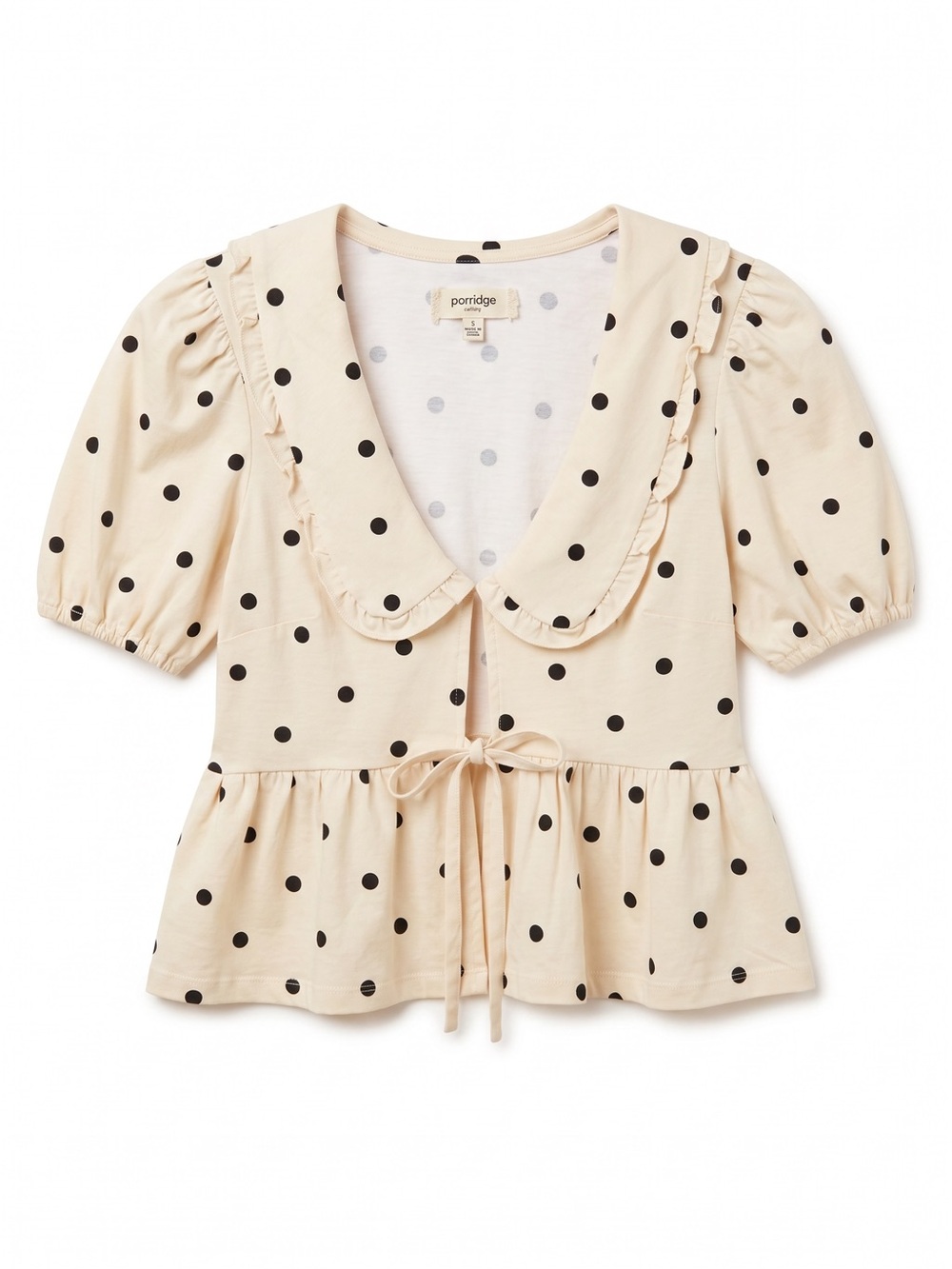 Porridge Cream Polka Dot Peplum Top with Peter Pan Collar